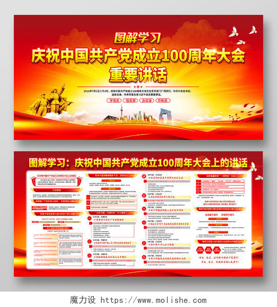 红色风格庆祝中国共产党成立100周年大会讲话展板七一讲话宣传栏
